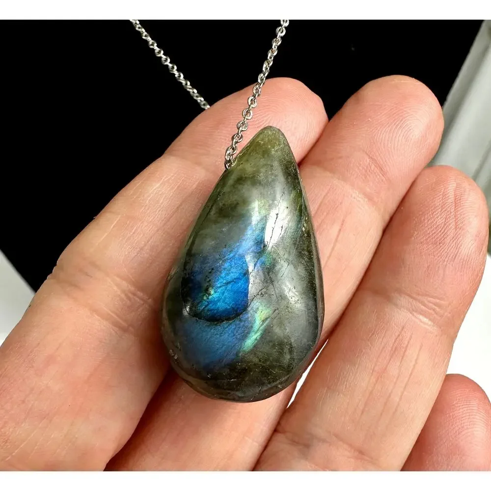 Blue Flash Labradorite Teardrop Pendant Necklace 18K Gold Plated Chain Natural